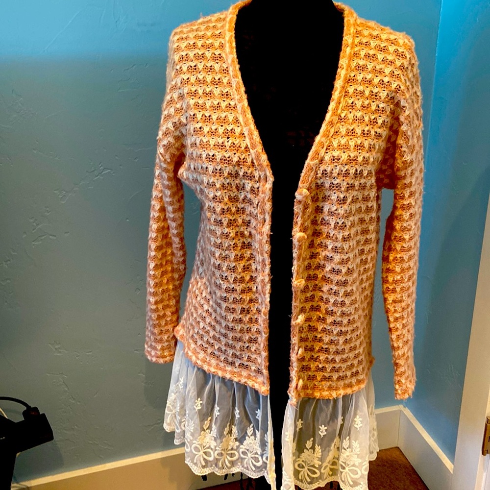 A’reve lightweight knit cardigan - long with a lace trim - size medium